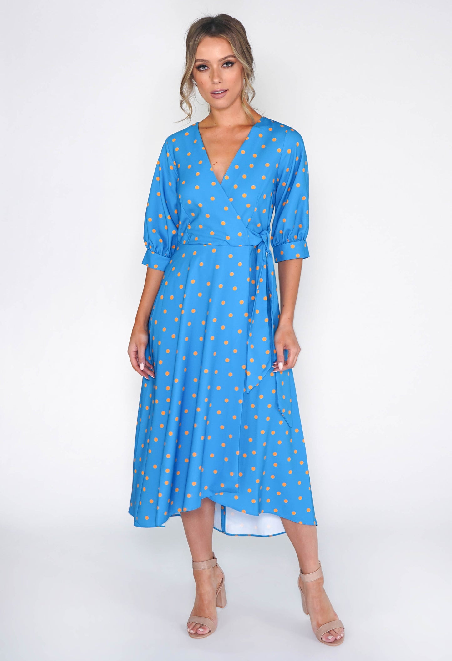 BLUE PUFF SLEEVE WRAP DRESS