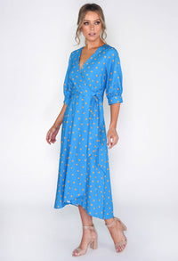 BLUE PUFF SLEEVE WRAP DRESS