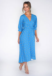 BLUE PUFF SLEEVE WRAP DRESS