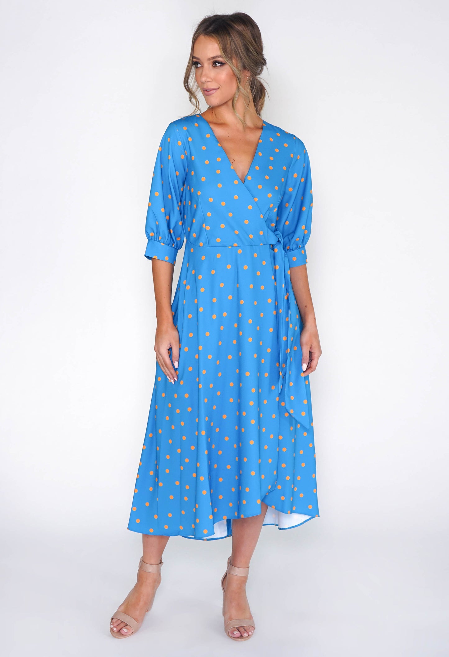 BLUE PUFF SLEEVE WRAP DRESS