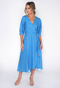 BLUE PUFF SLEEVE WRAP DRESS