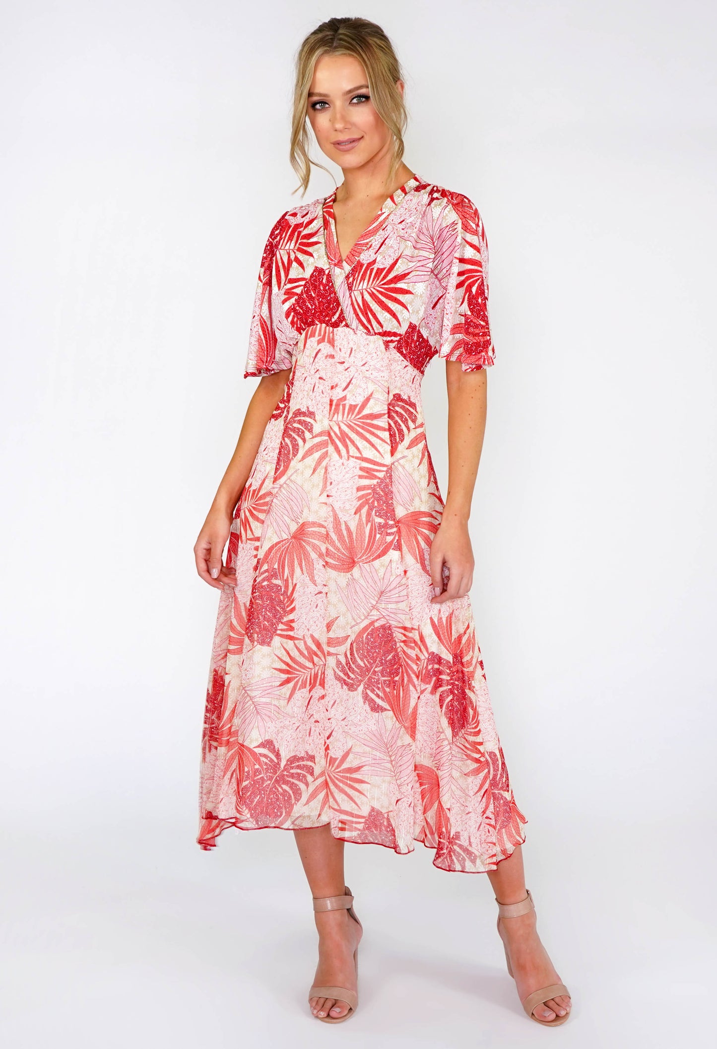 Coral Palm Leaf Midi Dress