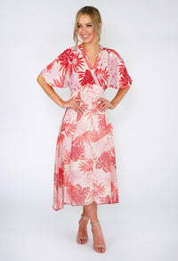 Coral Palm Leaf Midi Dress