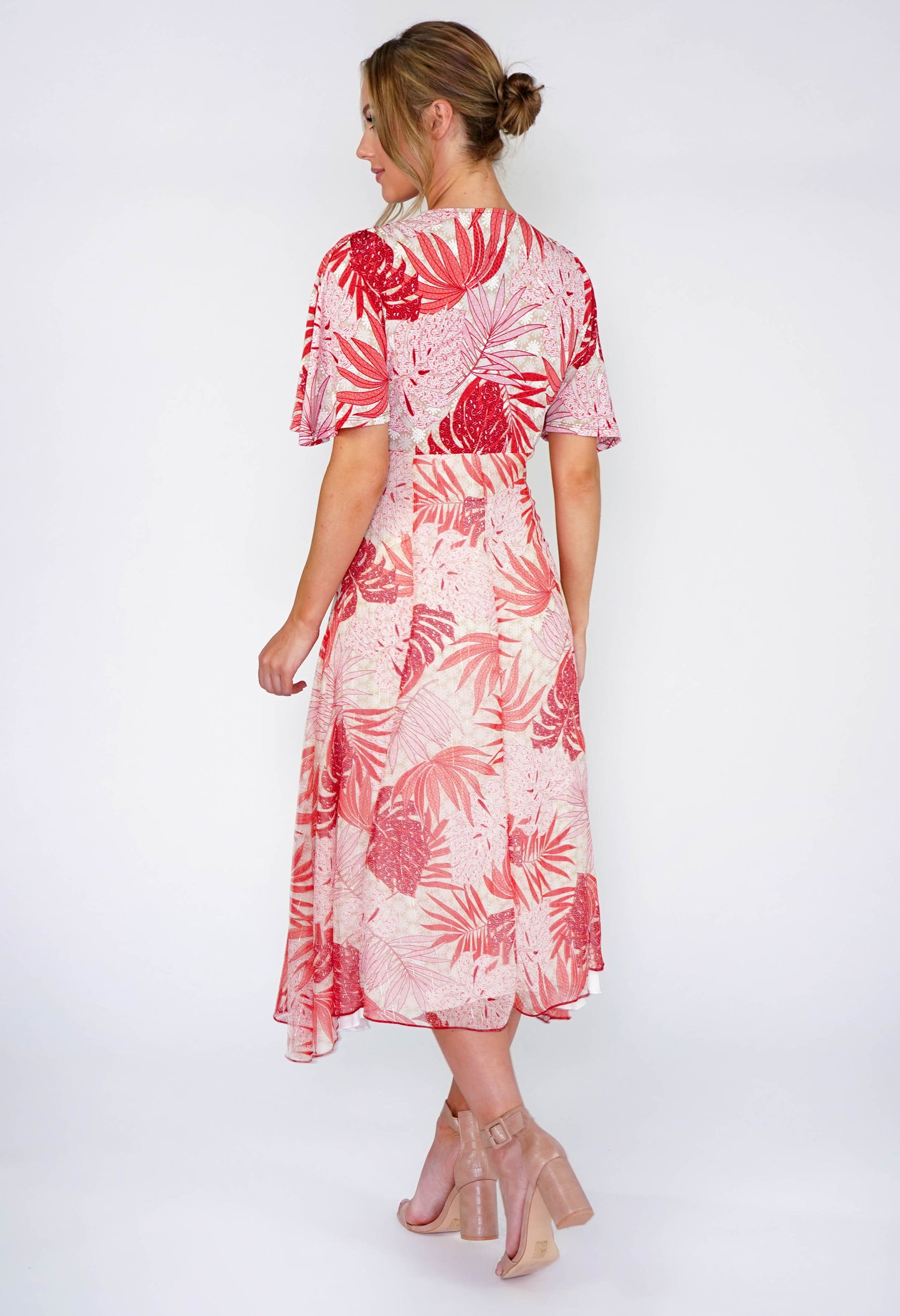 Coral Palm Leaf Midi Dress