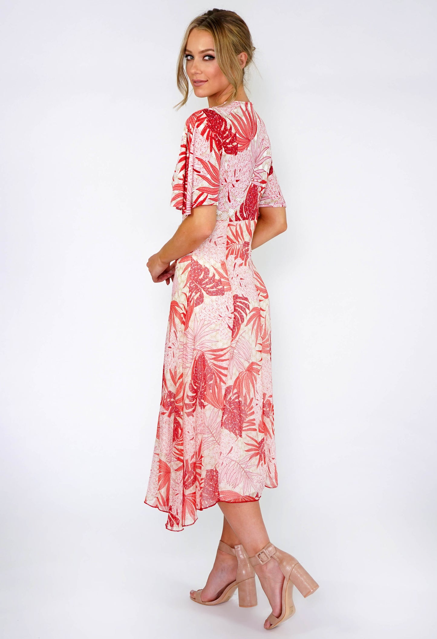 Coral Palm Leaf Midi Dress