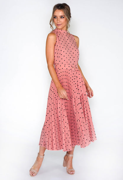 ROSE POLKA DOT PLEATED MIDI DRESS