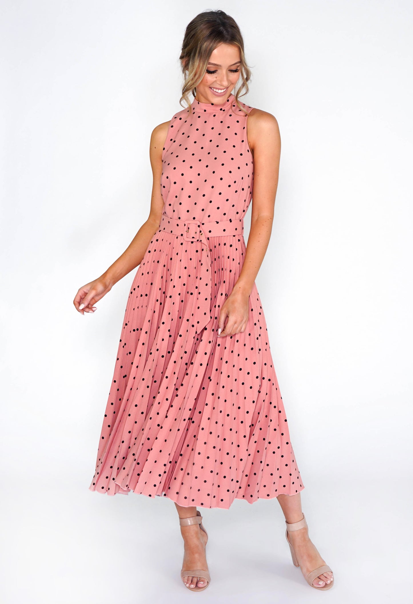 ROSE POLKA DOT PLEATED MIDI DRESS