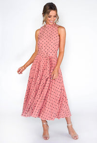 ROSE POLKA DOT PLEATED MIDI DRESS