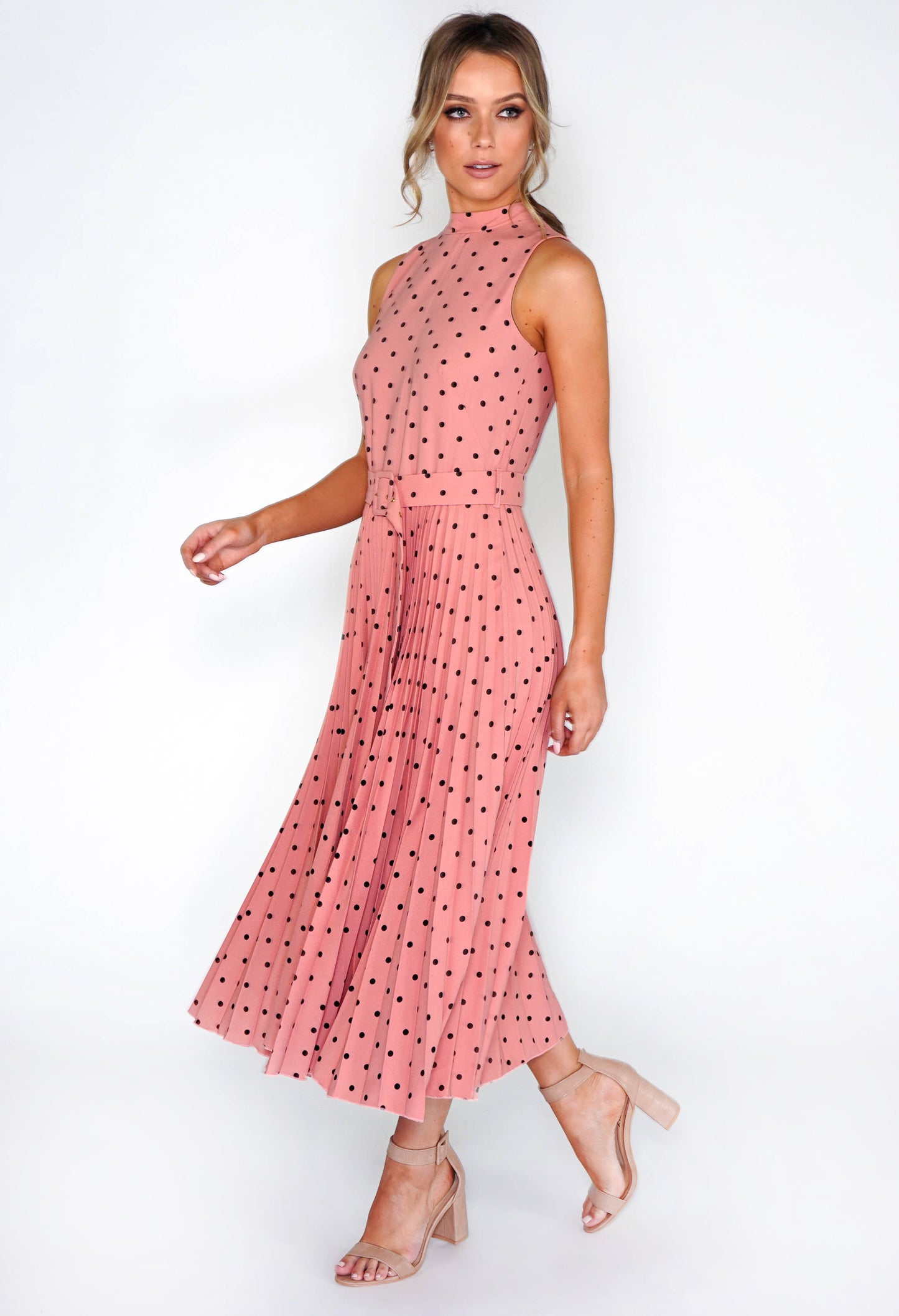 ROSE POLKA DOT PLEATED MIDI DRESS