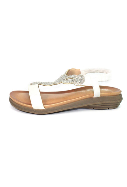 White T Strap Sandal with Diamante Detail