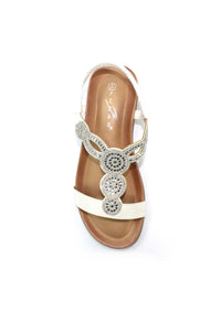 White T Strap Sandal with Diamante Detail