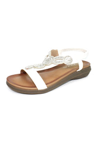 White T Strap Sandal with Diamante Detail