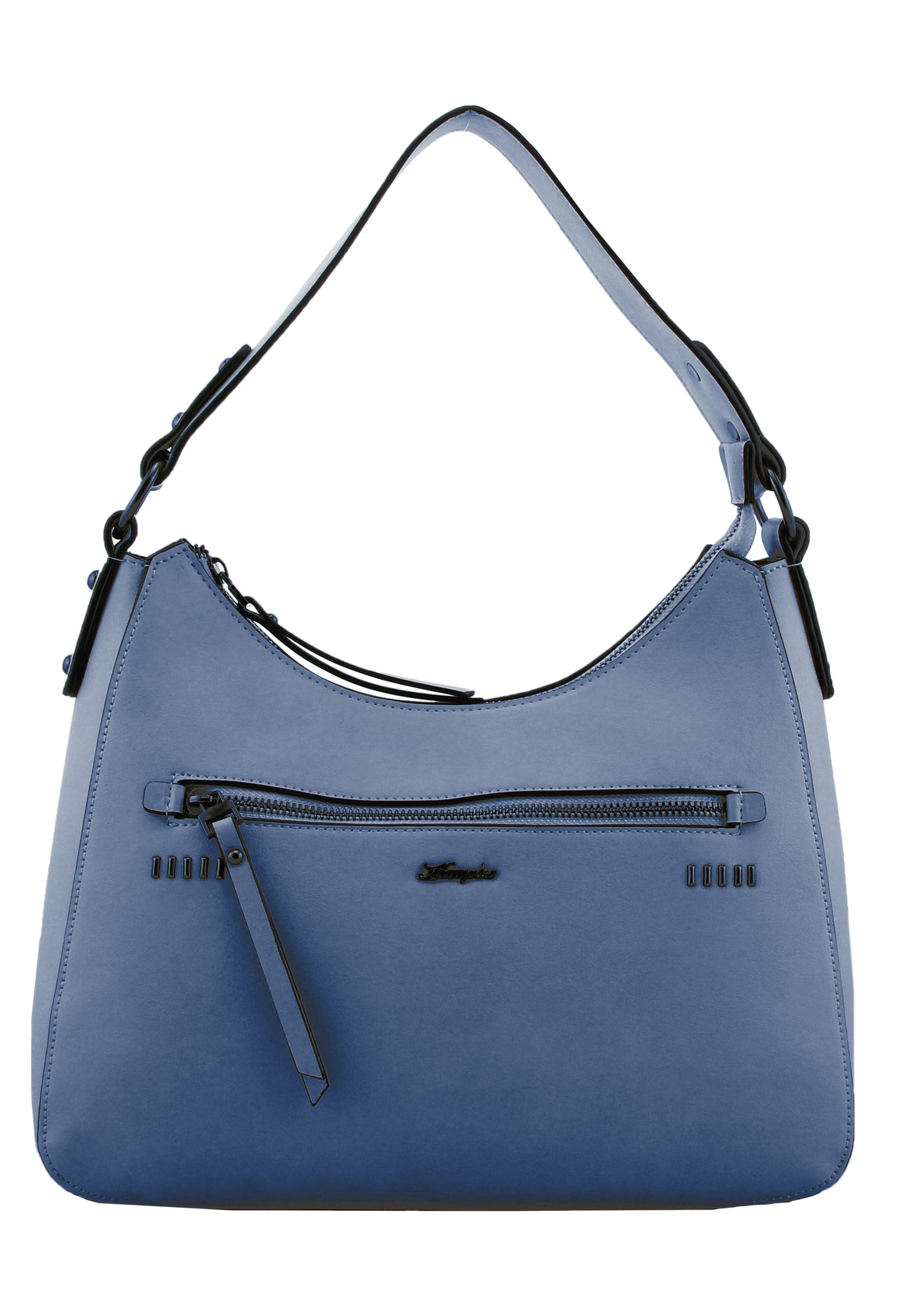 Curved Top Style Handbag with Studded and Zip Detail Front in Blue