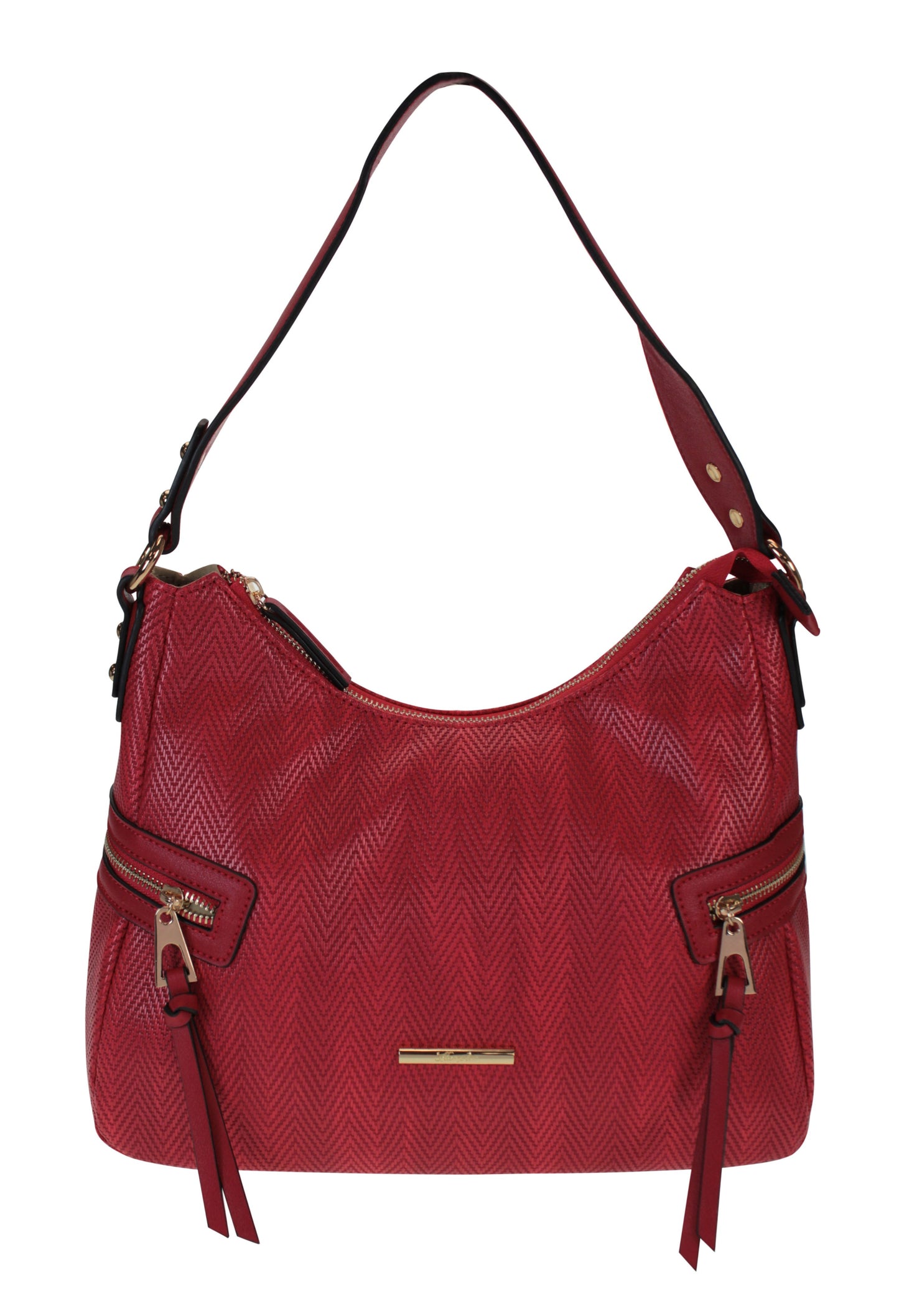 Curved Top Style Textured Handbag with Side Zip Details in Red