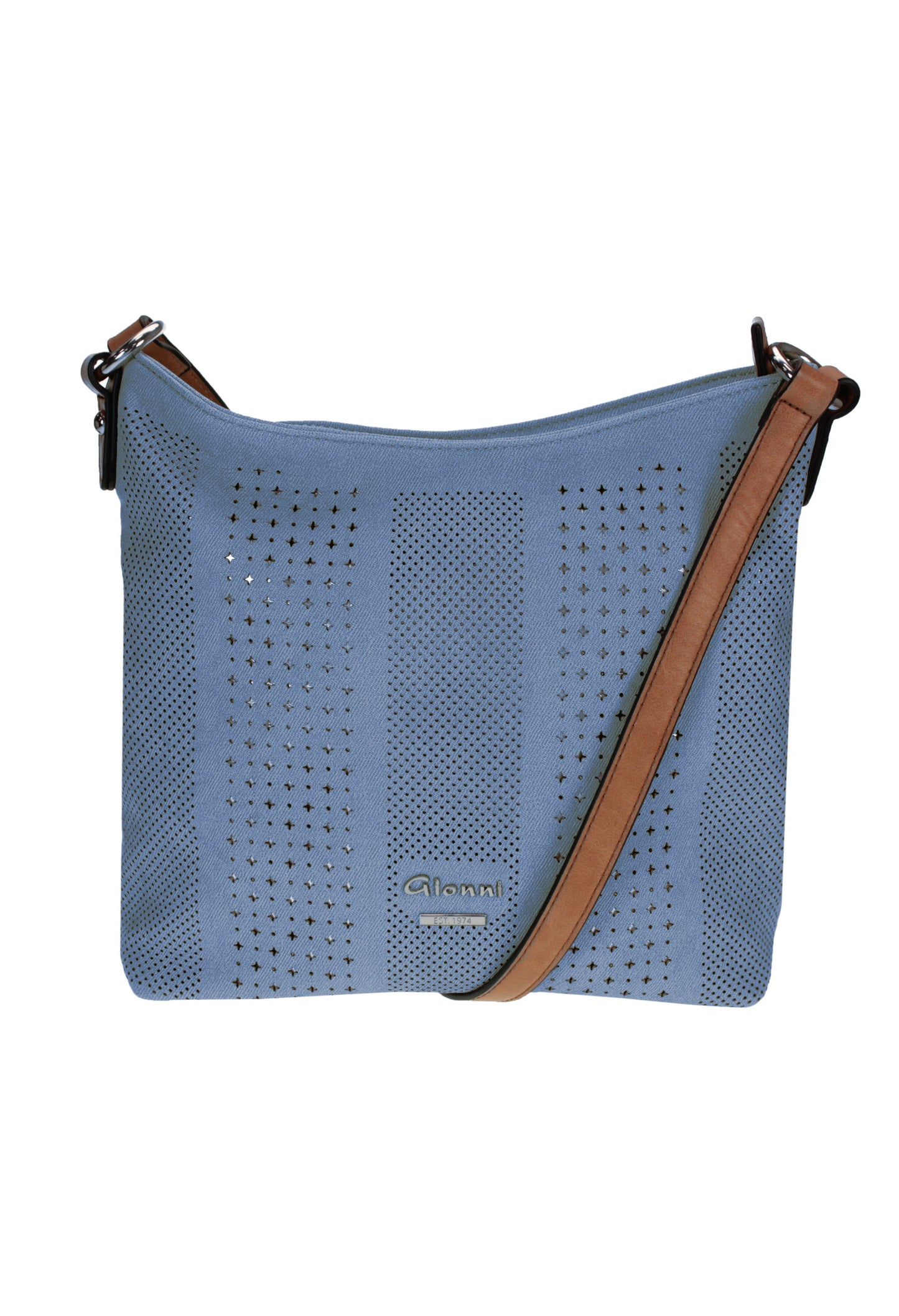 Laser Cut Curved Crossbody Bag in Blue with Contrasting Strap