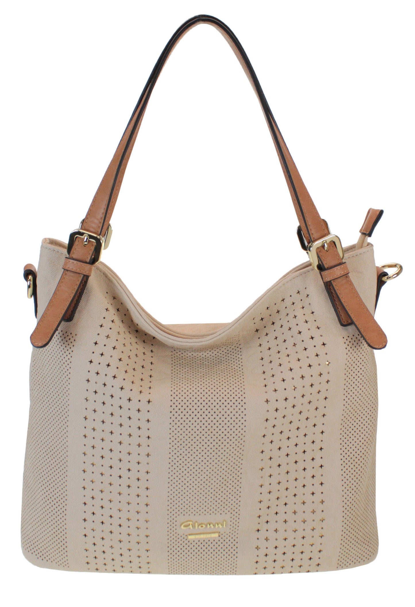 Laser Cut Curved Handbag in Natural with Contrasting Strap