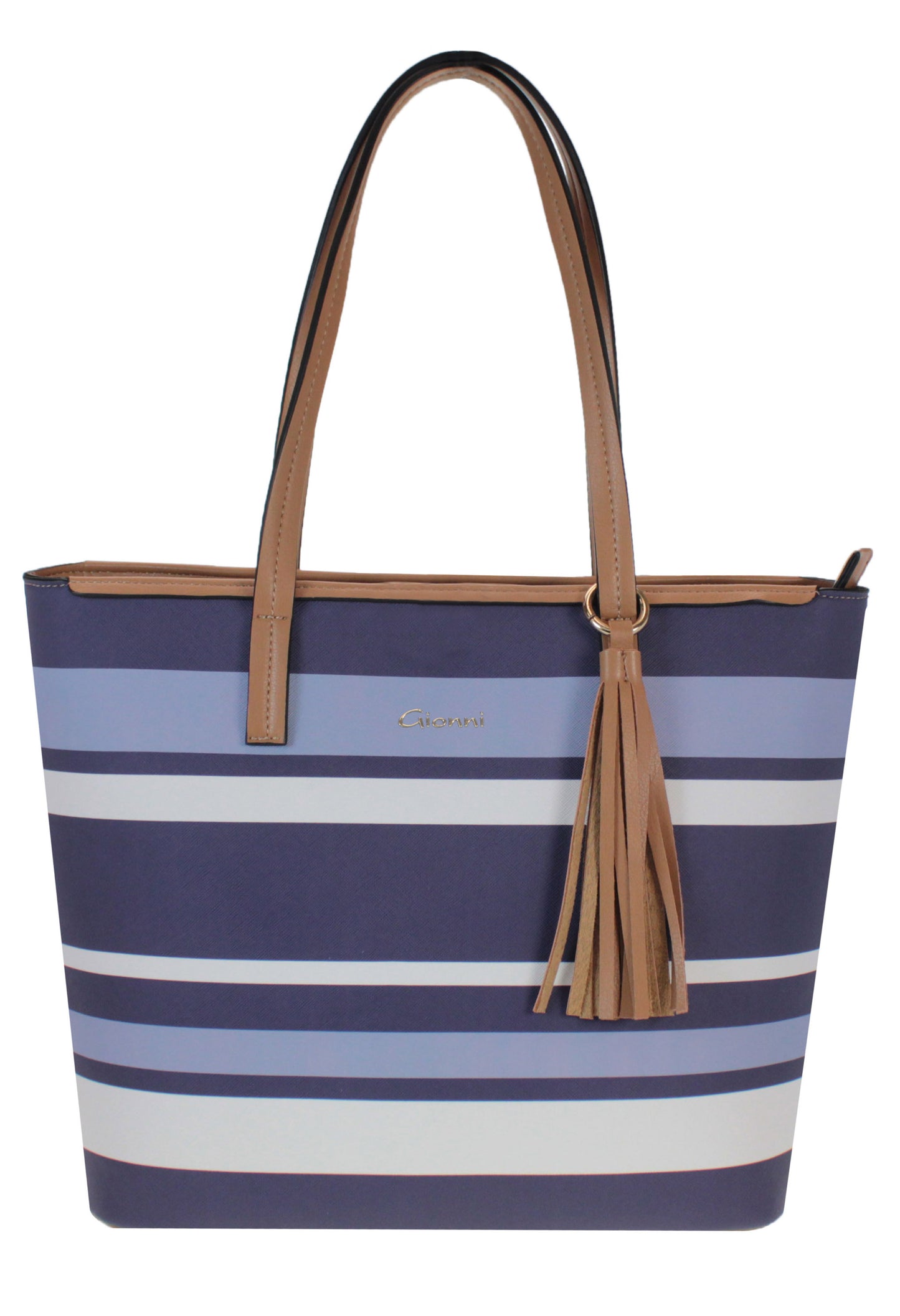 Stripe Tote Bag with Contrasting Handle in Navy and Blue