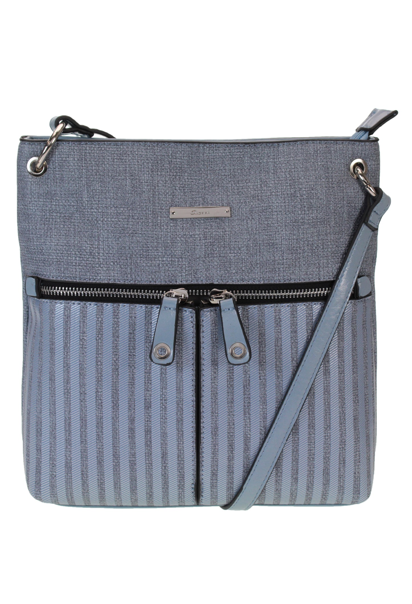 Textured Crossbody Bag with Textured Front and Double Zip Front Detail in Blue