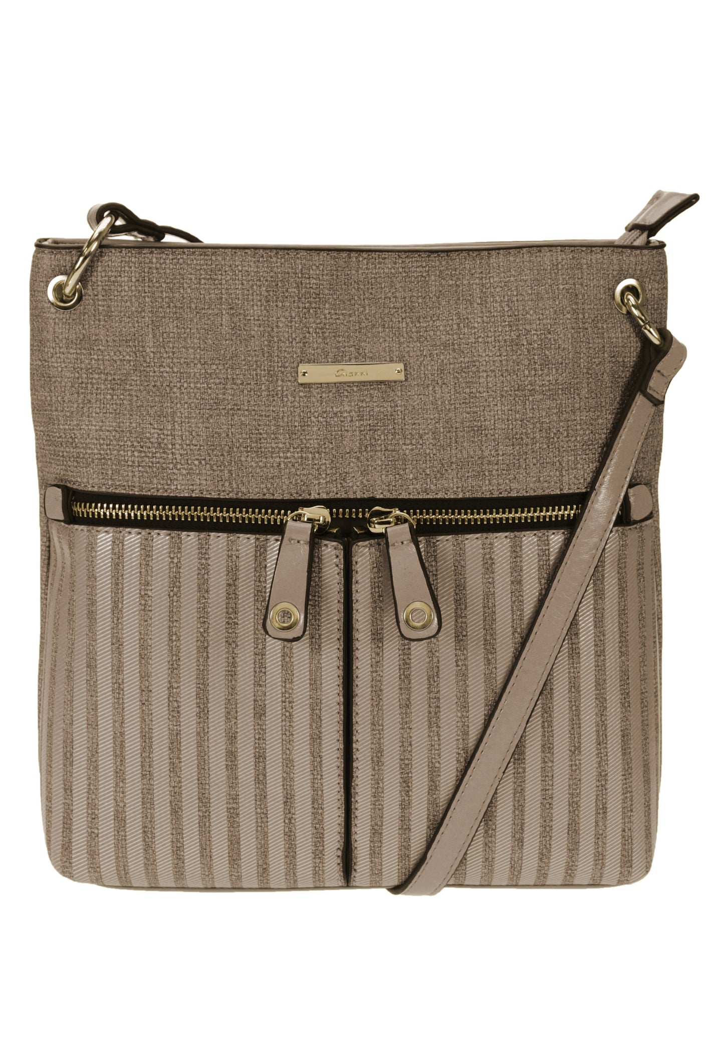 Textured Crossbody Bag with Textured Front and Double Zip Front Detail in Camel