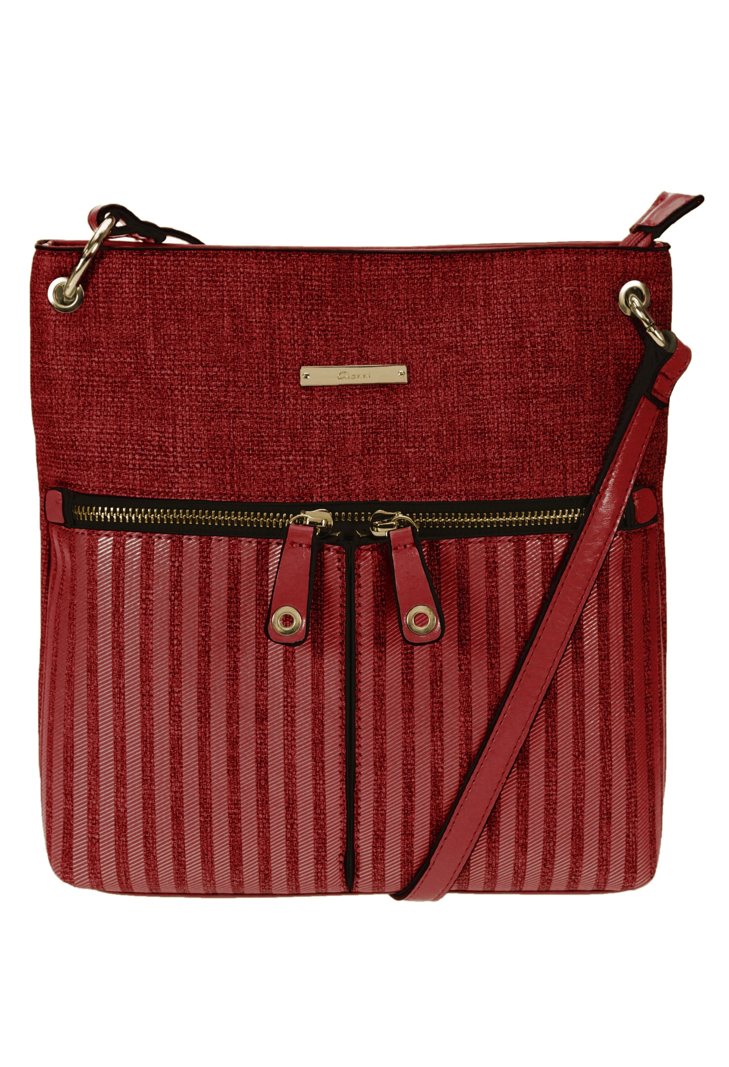 Textured Crossbody Bag with Textured Front and Double Zip Front Detail in Red