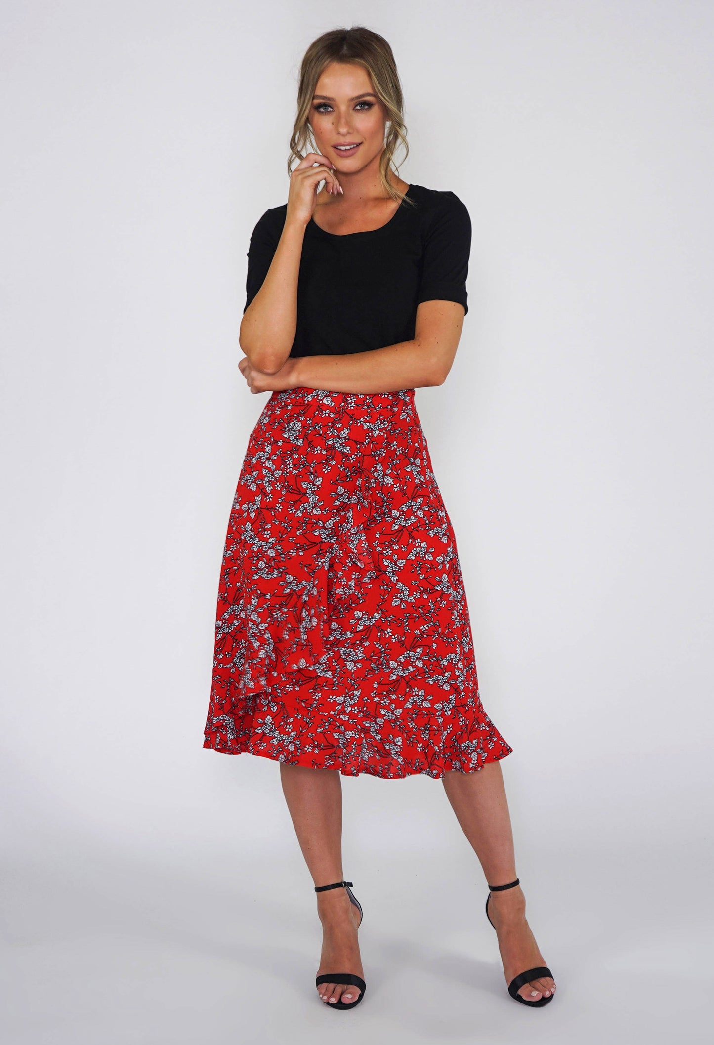 Pamela Scott Red Floral Ruffle Skirt