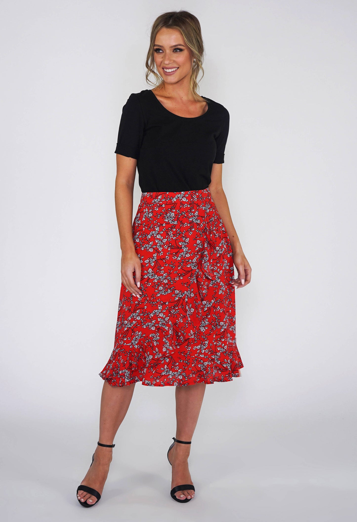 Pamela Scott Red Floral Ruffle Skirt