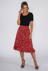 Pamela Scott Red Floral Ruffle Skirt