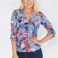 TROPICAL LEAF DESIGN TOP WITH PLEAT NECK DETAIL