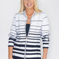 ZIP THROUGH CARDIGAN IN WHITE WITH NAVY STRIPES.