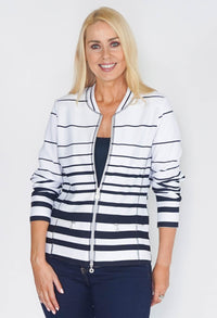 ZIP THROUGH CARDIGAN IN WHITE WITH NAVY STRIPES.