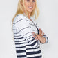 ZIP THROUGH CARDIGAN IN WHITE WITH NAVY STRIPES.