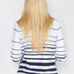 ZIP THROUGH CARDIGAN IN WHITE WITH NAVY STRIPES.