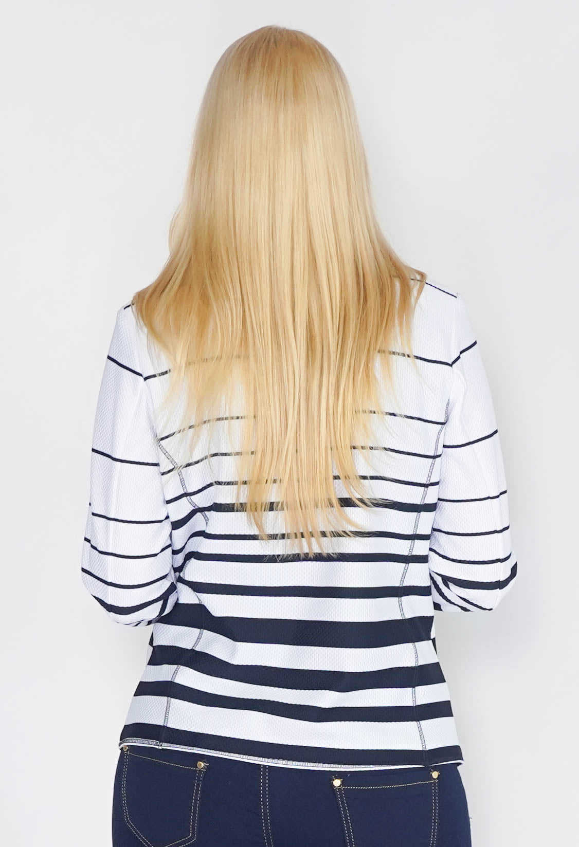 ZIP THROUGH CARDIGAN IN WHITE WITH NAVY STRIPES.