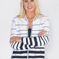 ZIP THROUGH CARDIGAN IN WHITE WITH NAVY STRIPES.