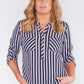 SATIN STRIPE SOFT V NECK ROLL UP SLEEVE BLOUSE