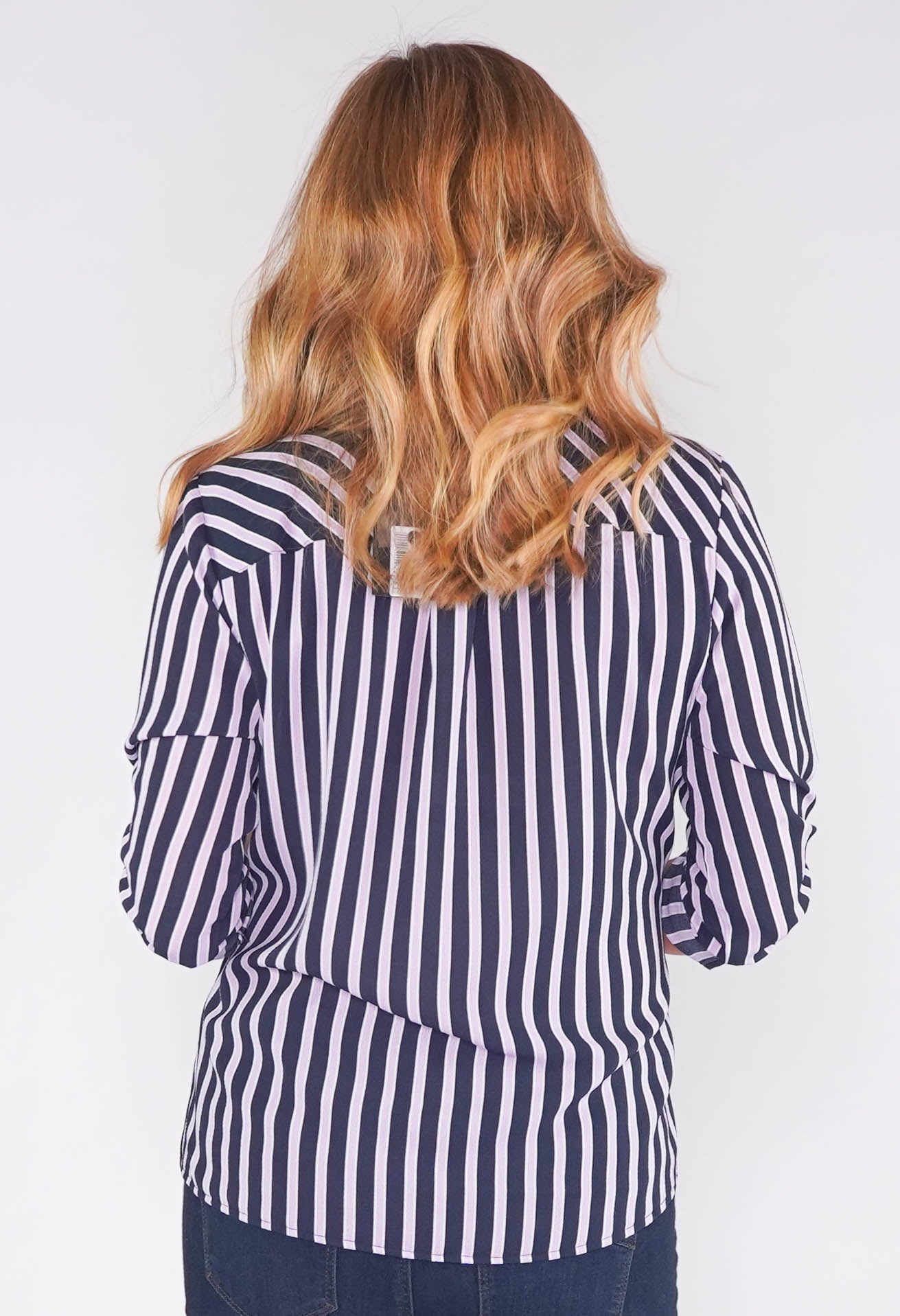 SATIN STRIPE SOFT V NECK ROLL UP SLEEVE BLOUSE