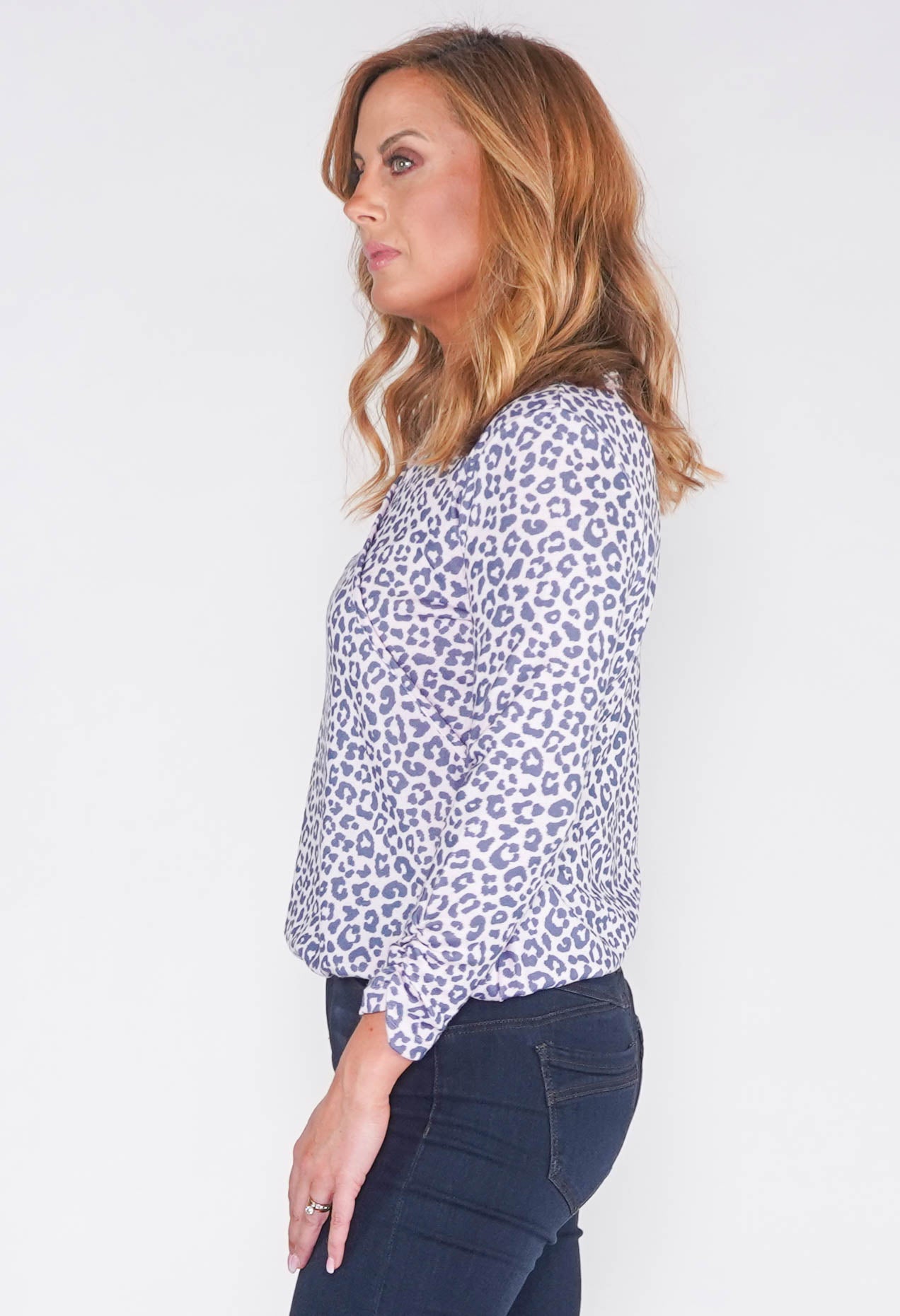 LILAC LEOPARD PRINT FAUX CROSSOVER TOP