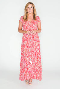 Pamela Scott printed maxi dress with button through front in red