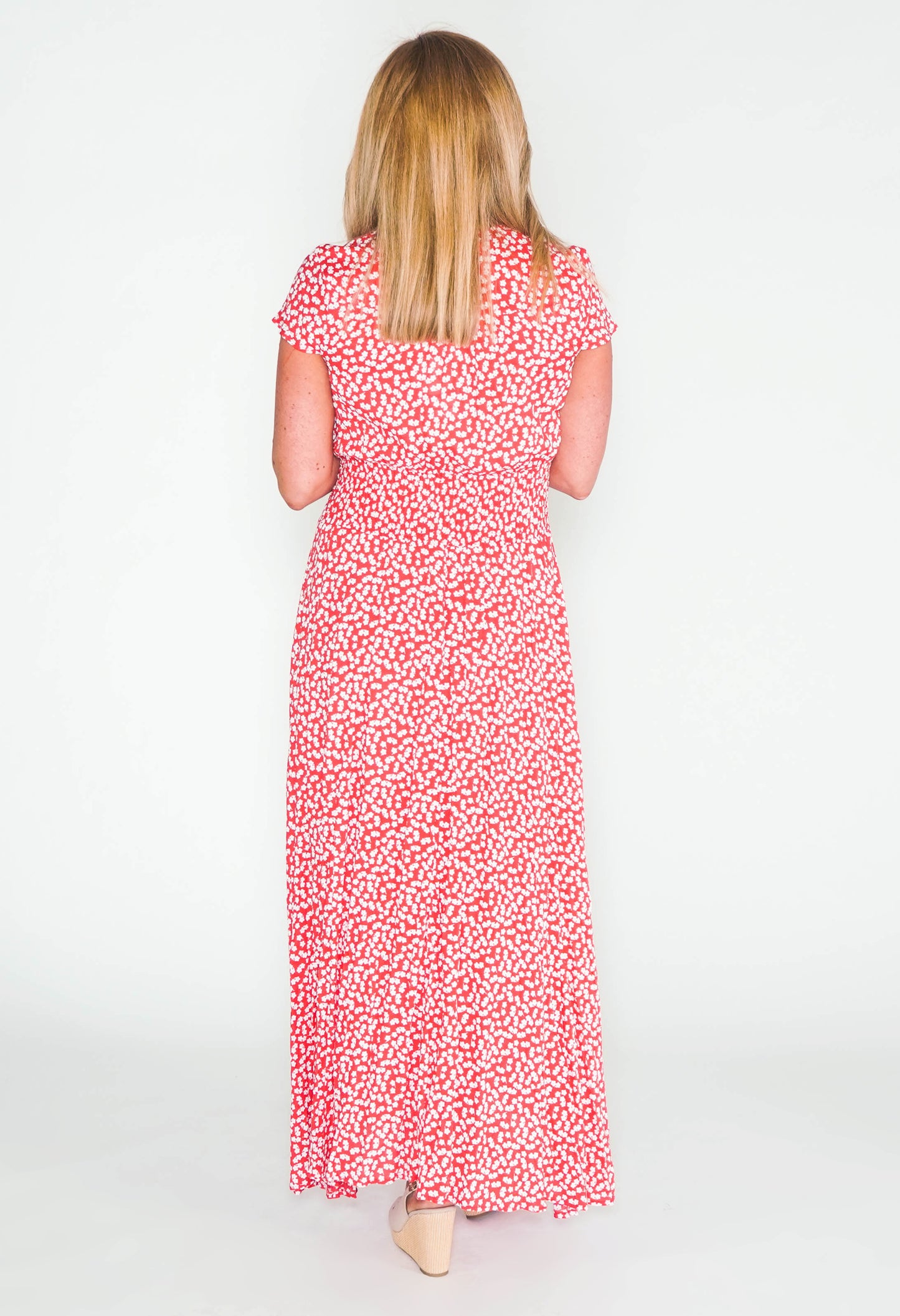 Pamela Scott printed maxi dress with button through front in red