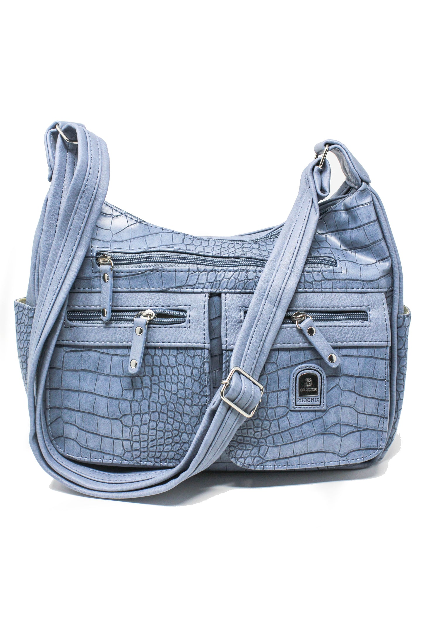 HANDBAG IN LIGHT BLUE WITH A CROC PRINT DESIGN FRONT