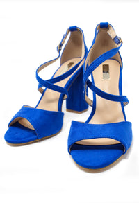 royal blue suedette sandal with criss cross front