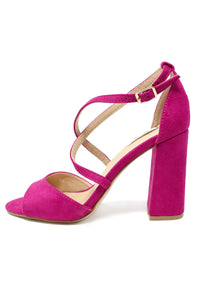 Fuchsia suedette sandal with criss cross front