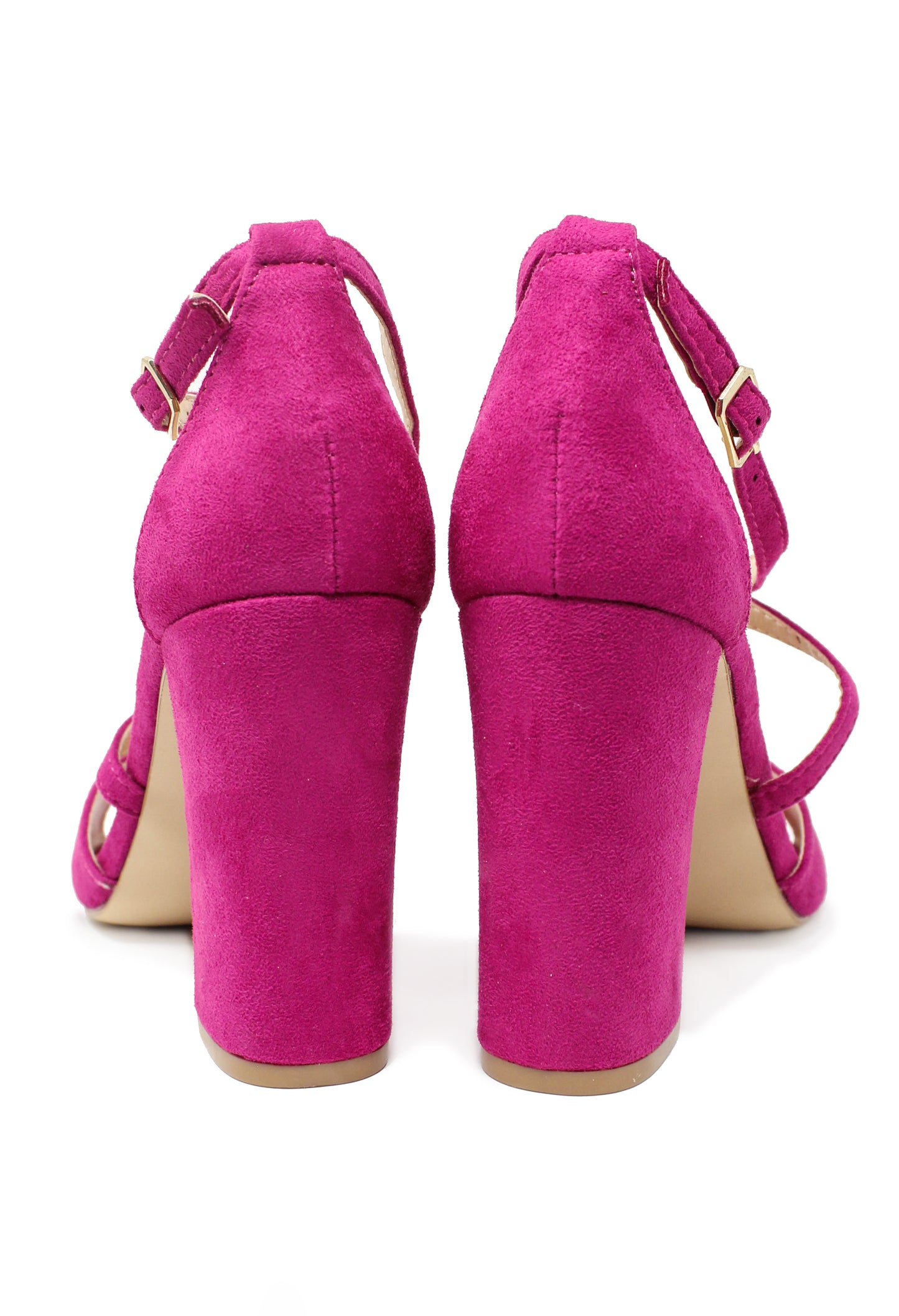 Fuchsia suedette sandal with criss cross front