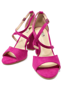 Fuchsia suedette sandal with criss cross front