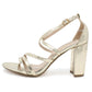 gold asymmetric strap sandal with block heel