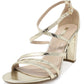 gold asymmetric strap sandal with block heel