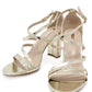 gold asymmetric strap sandal with block heel