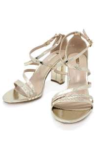 gold asymmetric strap sandal with block heel