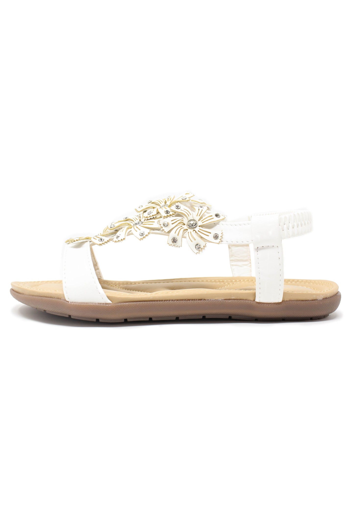 White Floral Diamante Stud Detail Flat Sandals