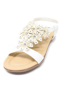 White Floral Diamante Stud Detail Flat Sandals